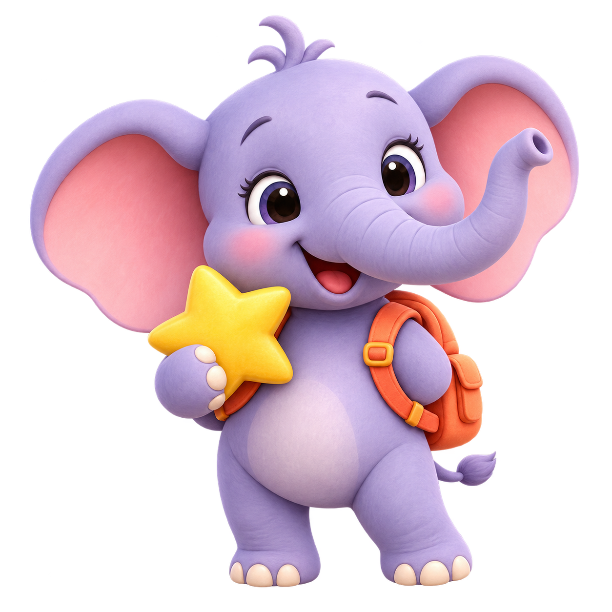 Golu, a smiling little purple elephant holding a star